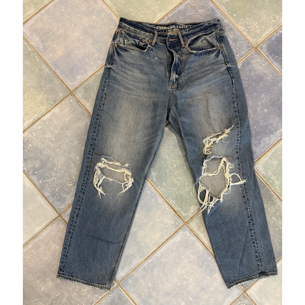 American Eagle 90s Boyfriend Jeans Med Wash Distressed Stretch 6